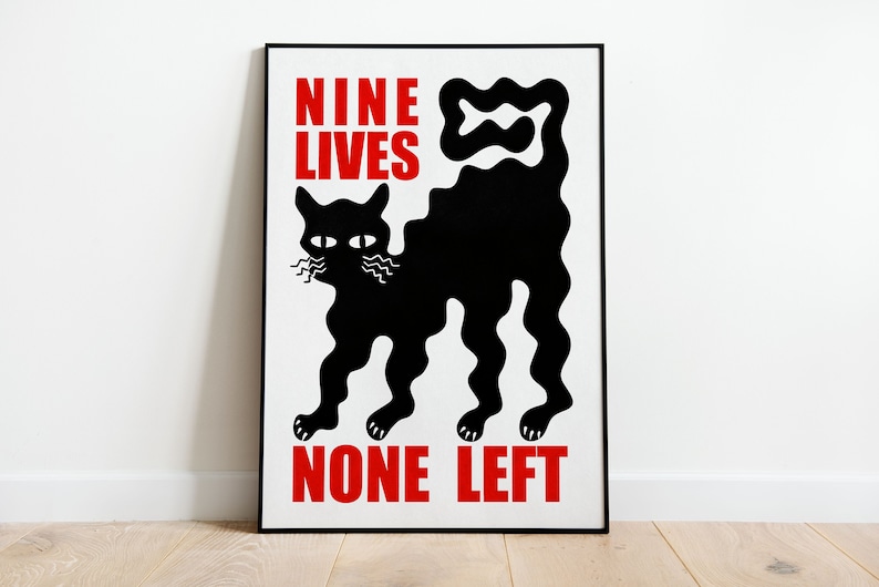 Poster chat ondulant, neuf vies, aucune gauche, téléchargement immédiat, oeuvre d'art murale de salon image 4