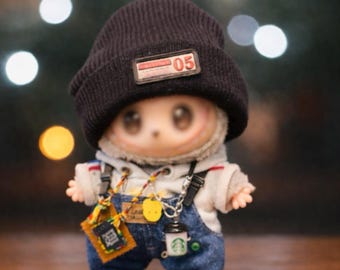 Denim Overalls and Hoodie Outfit for 17cm Kawaii Plush Doll, Clothes and Accessories Set