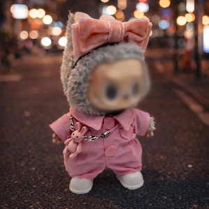 Pink Jumpsuit Outfit for 17cm Kawaii Plush Doll, Clothes and Accessories Set for Labubu Style Doll image 1