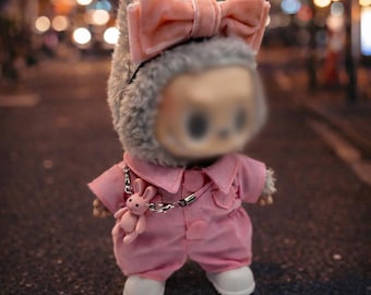 Pink Jumpsuit Outfit for 17cm Kawaii Plush Doll, Clothes and Accessories Set for Labubu Style Doll