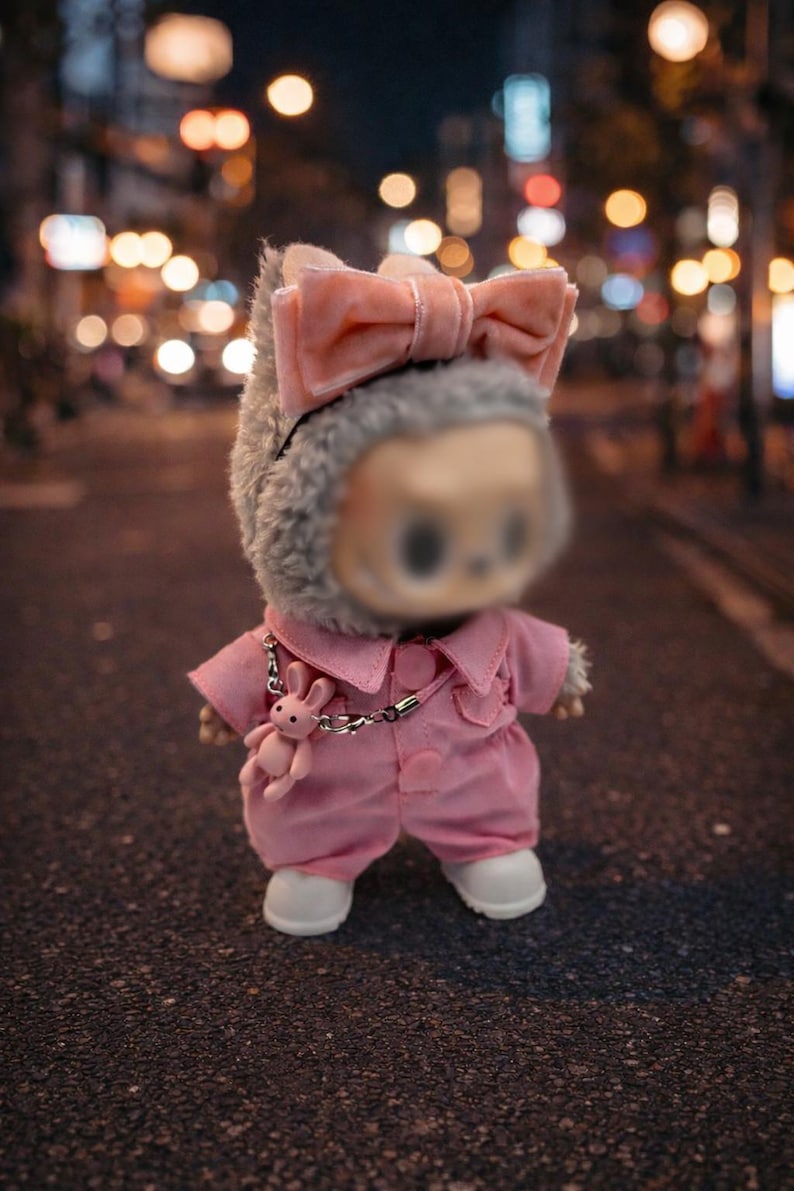 Pink Jumpsuit Outfit for 17cm Kawaii Plush Doll, Clothes and Accessories Set for Labubu Style Doll image 1