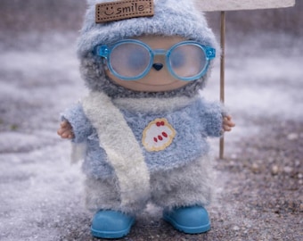 Blue Knit Outfit for 17cm Kawaii Plush Doll, Clothes and Accessories Set
