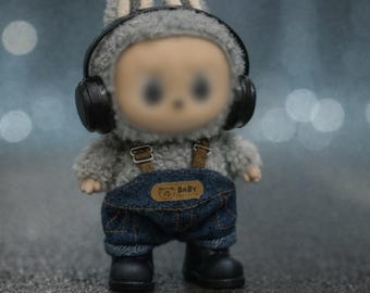 Denim Overalls and Black Headphones Outfit for 17cm Plush Doll, Clothes and Accessories Set