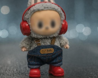 Denim Overalls and Red Headphones Outfit for 17cm Plush Doll, Clothes and Accessories Set