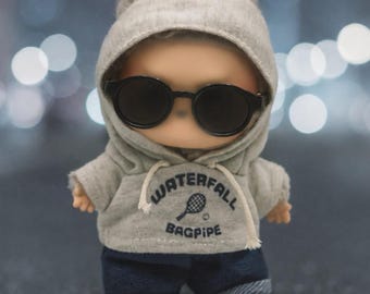 Gray Hoodie Denim Outfit for 17cm Kawaii Plush Doll, Clothes and Accessories Set for Labubu Style Doll