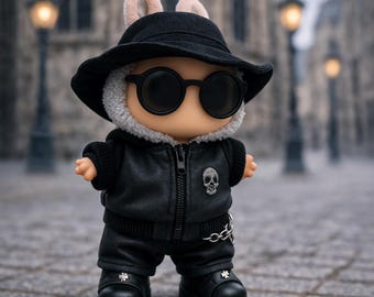 Black Leather Outfit for 17cm Kawaii Plush Doll, Clothes and Accessories Set