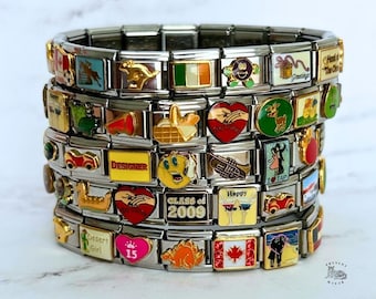 Bracelet à breloques italien, bracelets à breloques mystérieux italiens vintage, breloques italiennes, bijoux de l'an 2000, bracelets à breloques, bracelets pour femme, assortis