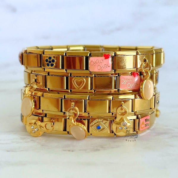 Goldenes italienisches Charm-Armband, geheimnisvolles italienisches Charm-Armband Gold, italienische Charms, Y2K-Schmuck, Charm-Armbänder, Armbänder für Frauen