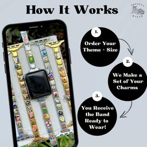 Op de afbeelding: Een Apple Watch met meerdere bedelarmbanden weergegeven op een telefoonscherm. De armbanden zijn goud en zilver, versierd met kleurrijke bedels. De tekst toont "How It Works" en beschrijft het bestelproces: Bestellen, Wij maken, U ontvangt.
