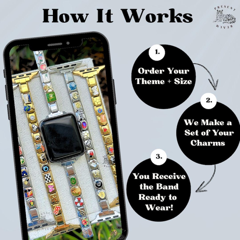 Op de afbeelding: Een Apple Watch met meerdere bedelarmbanden weergegeven op een telefoonscherm. De armbanden zijn goud en zilver, versierd met kleurrijke bedels. De tekst toont "How It Works" en beschrijft het bestelproces: Bestellen, Wij maken, U ontvangt.