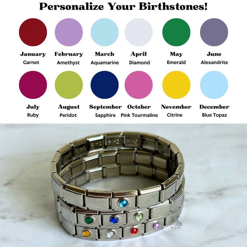 Geburtsstein-Armband, italienisches Charm-Armband, personalisierter Geburtsstein-Schmuck, Geschenk für Mama, individuelles Armband, Geburtsstein-Geschenke, Familiengeschenke Bild 4