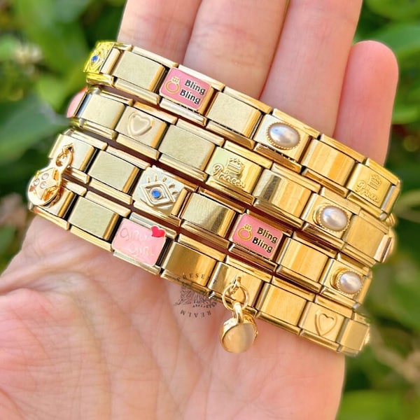 Pulsera de encanto italiano de oro, pulsera de encanto italiano misterioso oro, encantos italianos, joyería Y2K, pulseras de encanto, pulseras para mujeres