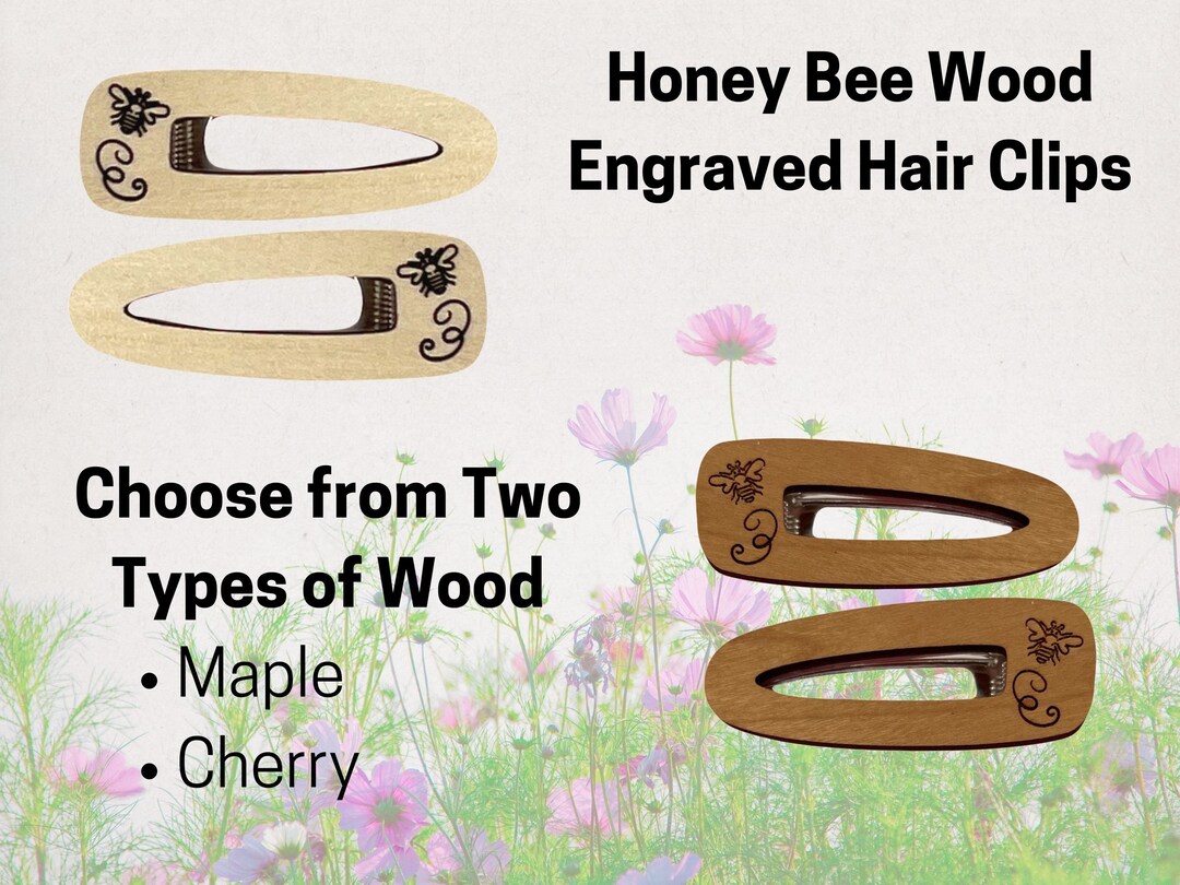 Decorative Wood Honey Bee Hair Clips, Barrettes, Engraved Maple or