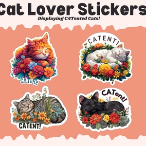 Cat lover waterproof UV resistant vinyl stickers. Choose from 4 different color cuddly cats select 3, 4, or 5 inches. Clear or white vinyl