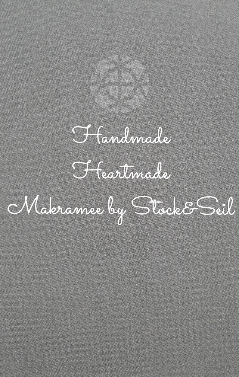 May include: A grey background with white text that reads "Handmade Heartmade Macramee by Stock & Seil". A stylised circle with a cross inside is above the text.