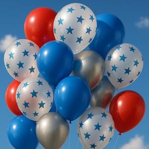May include: A cluster of balloons in red, white, blue, and silver. Some balloons are solid colors, while others are white with blue star patterns. The balloons are against a bright blue sky with fluffy white clouds.