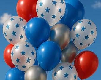 Captain America Party Balloons: Red, Blue, Silver & Confetti