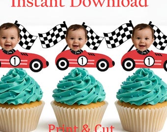 Personalized Race Car Photo Cupcake Topper: Fast One Birthday, Digital File
