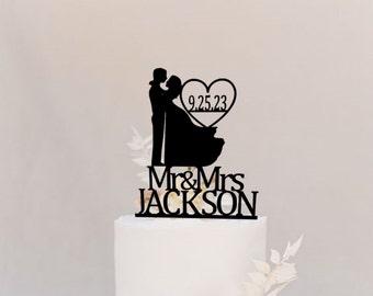 Silhouette personnalisée de décoration de gâteau de mariage avec date / Silhouette de couple / Mr et Mme de gâteau pour mariage / décoration de gâteau rustique