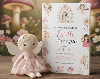 Fairy First Birthday Invitation, Enchanted Forest 1st Birthday Invite, Whimsical Mushroom  Editable Canva Template