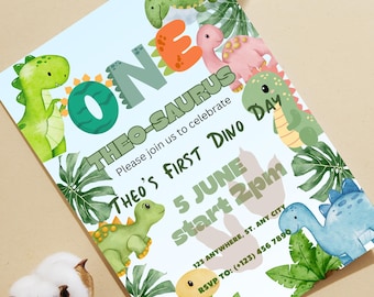 Dinosaur First Birthday Invitation Template, Editable Boy T-Rex Roar Party Digital Download