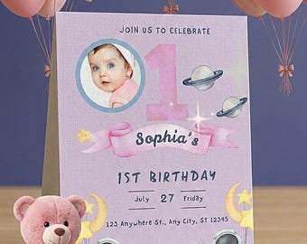 Outer Space 1st Birthday Invitation, Astronaut Pink Galaxy Theme Party, Editable Blast Off Template