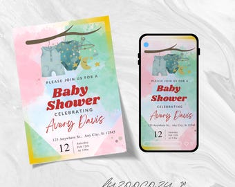 Editable Canva Baby Shower Invitation Template, Digital Download, Pink and Green