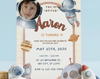 Astronaut Outer Space Birthday Invitation, Watercolor Galaxy Boy Party Invite, Editable Digital Template