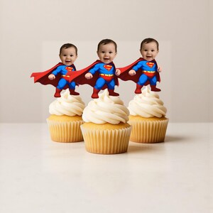 Superman Foto Cupcake Toppers, Gezicht Cupcake Toppers, Superheld Feestdecoraties, Aangepaste Gezicht Topper, Cartoon 3D-stijl, Kinderverjaardag Decor, Verjaardagsdecoratie kinderen