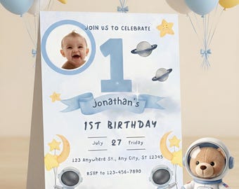 Outer Space 1st Birthday Invitation, Astronaut Boy Galaxy Theme Party, Editable Blast Off Template