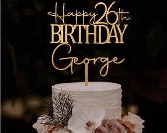 Personalized Birthday Cake Topper, Custom Name & Age Metallic Wood or Acrylic