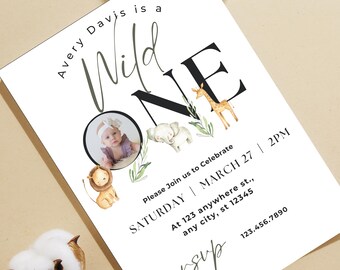 Wild One Safari First Birthday Invitation, Jungle Animals, Editable Canva Template (Digital Download)