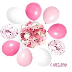 Puede incluir: Un surtido de globos rosas, blancos y con confeti dispuestos en un patr&oacute;n circular. La imagen incluye globos inflados en varios tonos de rosa, globos desinflados y el texto "4 COLORS".