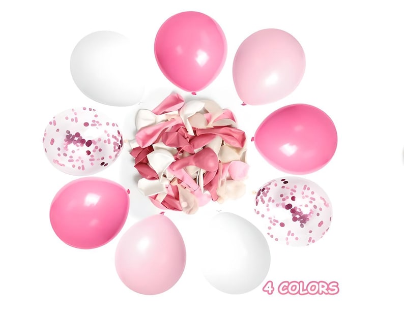 Puede incluir: Un surtido de globos rosas, blancos y con confeti dispuestos en un patr&oacute;n circular. La imagen incluye globos inflados en varios tonos de rosa, globos desinflados y el texto "4 COLORS".