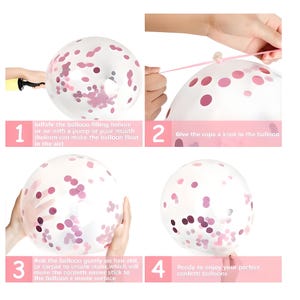 Puede incluir: Una gu&iacute;a paso a paso para globos de confeti. La imagen muestra cuatro pasos: inflar el globo, atar un nudo, crear est&aacute;tica y disfrutar de los globos. Los globos son transparentes con confeti rosa.