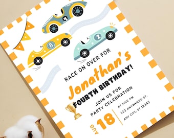 Colorful Racing Car Birthday Invitation, Editable Fourth Party Invite for Boys, Kids Template