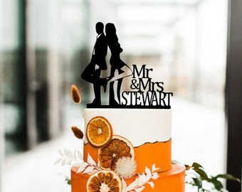 Personalized Silhouette Wedding Cake Topper/ Couple Silhouette/Mr and Mrs Cake Topper for Wedding/ Rustic Script Cake Toppers /Bridal Shower