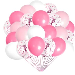 Puede incluir: Un grupo de globos rosas, blancos y llenos de confeti. Los globos son de varios tonos de rosa, desde claro hasta fucsia, y blanco. Algunos globos est&aacute;n llenos de confeti rosa. Los globos est&aacute;n atados con una cuerda rosa.