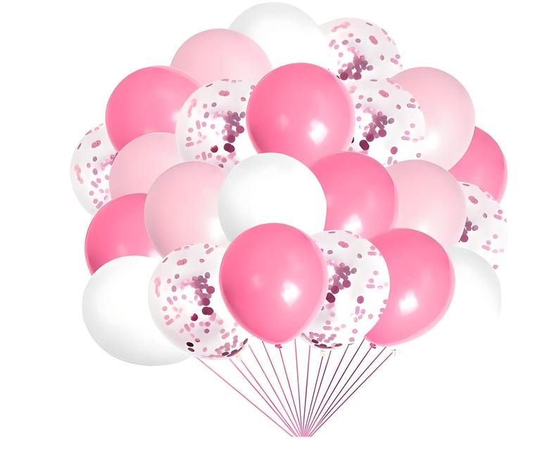 Puede incluir: Un grupo de globos rosas, blancos y llenos de confeti. Los globos son de varios tonos de rosa, desde claro hasta fucsia, y blanco. Algunos globos est&aacute;n llenos de confeti rosa. Los globos est&aacute;n atados con una cuerda rosa.