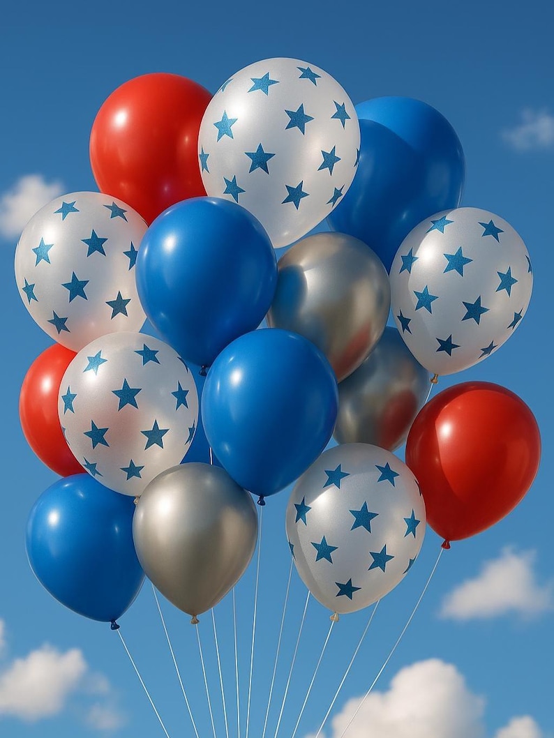 May include: A cluster of balloons in red, white, blue, and silver. Some balloons are solid colors, while others are white with blue star patterns. The balloons are against a bright blue sky with fluffy white clouds.