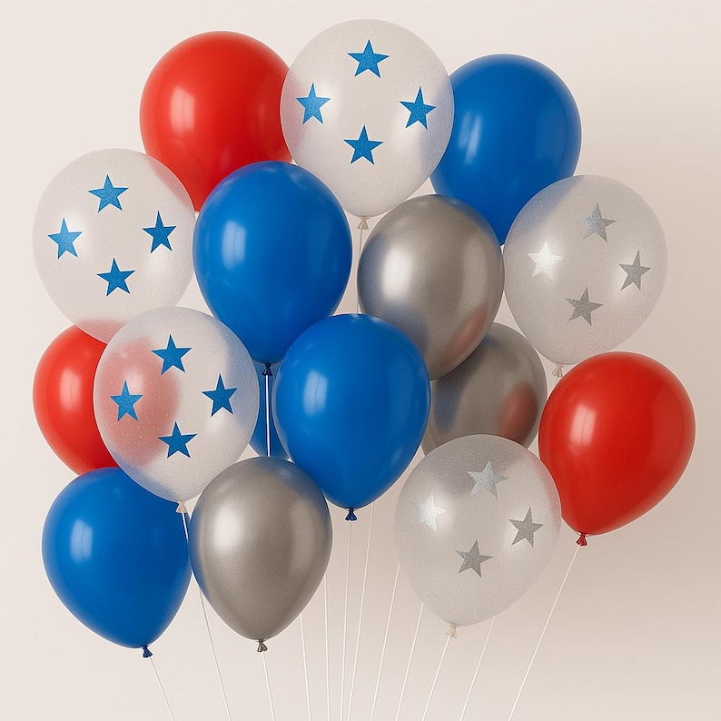 May include: A cluster of red, blue, and silver balloons. Some balloons are clear with blue star patterns. The balloons are tied together with white strings, creating a festive and celebratory arrangement.