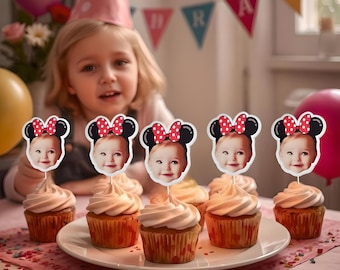 Custom Face Cupcake Toppers –Minnie Mouse Ears, Personalized Photo Toppers, Custom Minnie Hat Party Décor, Any Age Birthday Decorations