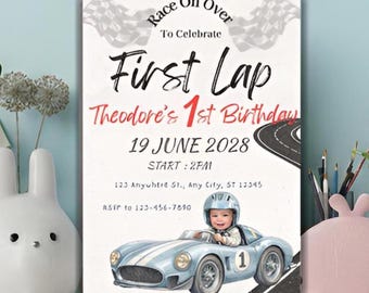 Race Car First Lap Birthday Invitation, Editable Canva Template (Digital Evite)