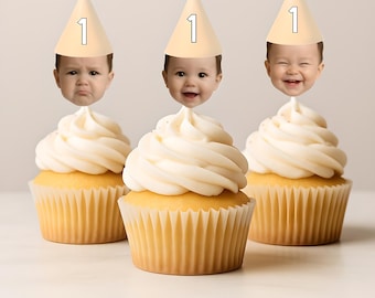 Custom Face Cupcake Toppers, Personalized 1st Birthday Party Hats, Photo Head Cutouts for Baby Birthday Party Decor