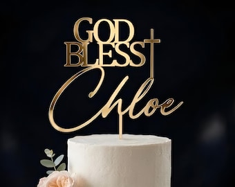Baptism Cake Topper with Name, Personalized God Bless Decor, Christening Cake Topper, First Communion Topper, Gold Acrylic Cross