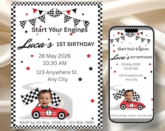 Race Car 1st Birthday Invitation with Face Photo, Fast One Boy Party Template
