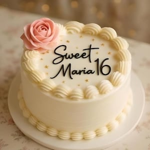 May include: A round, white frosted cake with the words "Sweet Maria 16" in black script. The cake is decorated with a pink rose and gold star sprinkles. The edges are trimmed with white frosting.