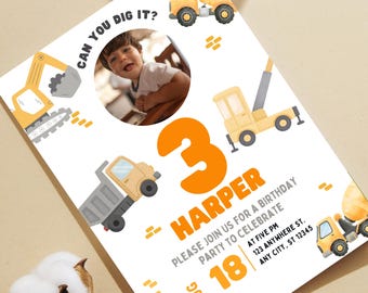 Editable Construction Invitation, Boy Birthday Party Invite, Instant Download Template