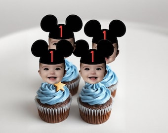 Mickey Mouse inspired Cupcake Toppers/ Mickey Mouse Ears, Personalized Photo Toppers / Mickey Hat Party Décor, Any Age Birthday Decorations