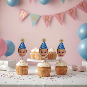 Personalized Baby Face Cupcake Topper - Custom Photo Cake Topper, First Birthday or Any Age Party Decor, Funny Favor Birthday Hat Topper